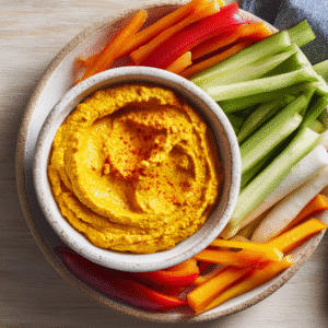 Roasted Carrot Hummus with Veggie Sticks in white bowl on a bright table