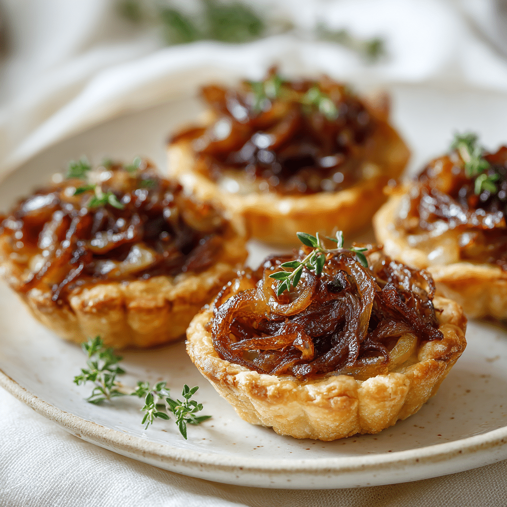 Caramelized Onion Tartlets with Gluten Free Crust on Wooden Platter