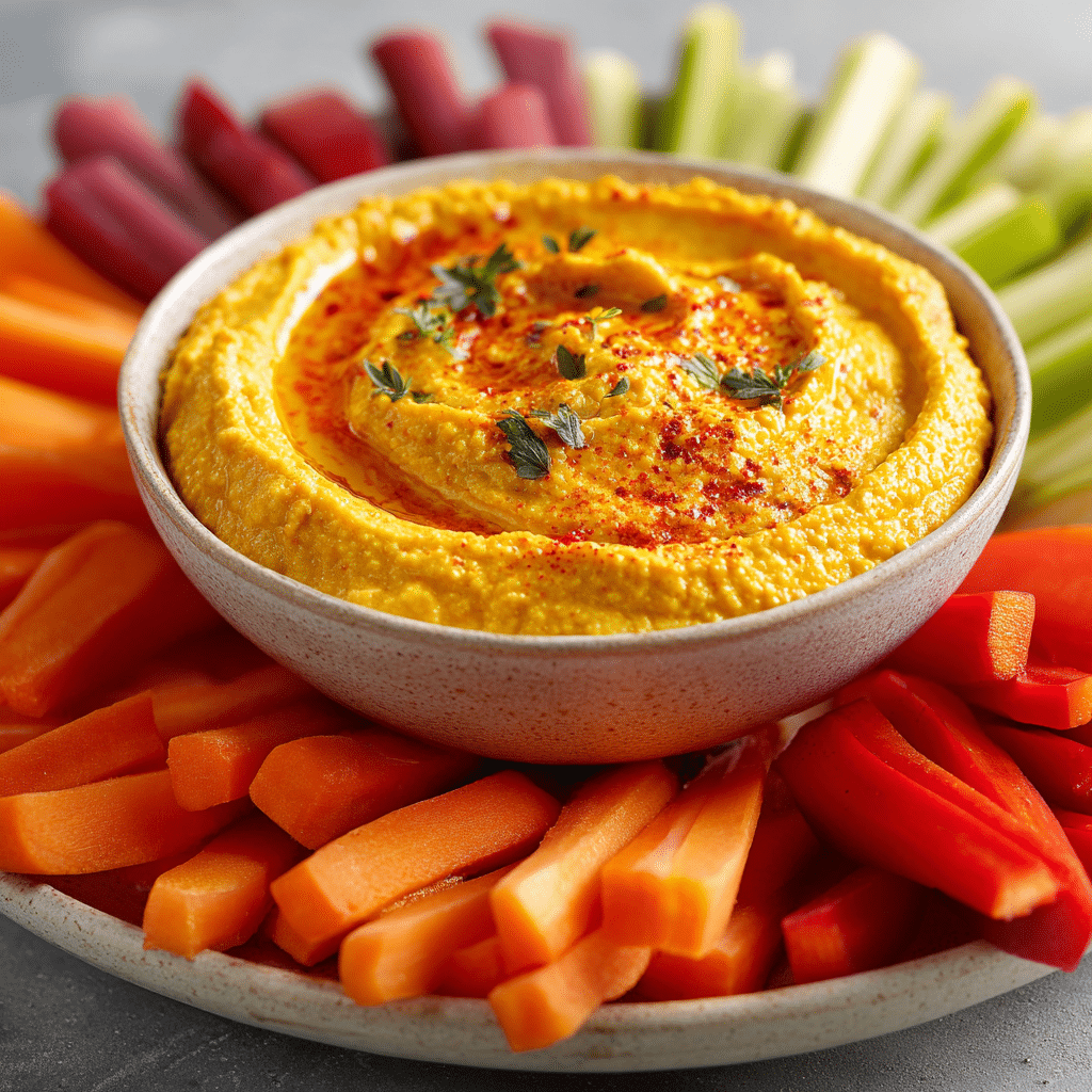 Roasted carrot hummus with fresh veggie sticks ready for serving