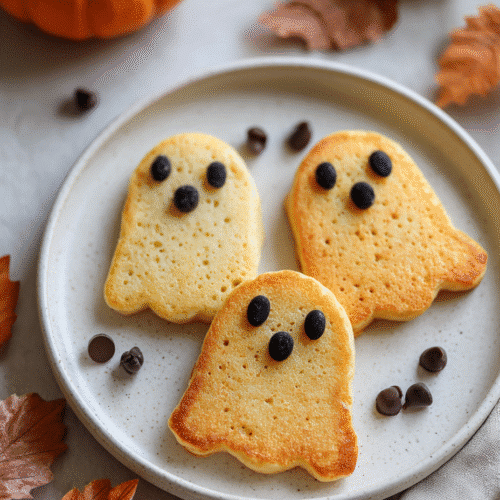 Pumpkin Pancake Ghosts served on a white plate