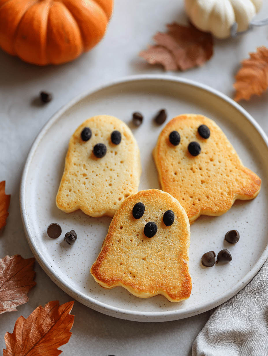 Pumpkin Pancake Ghosts served on a white plate