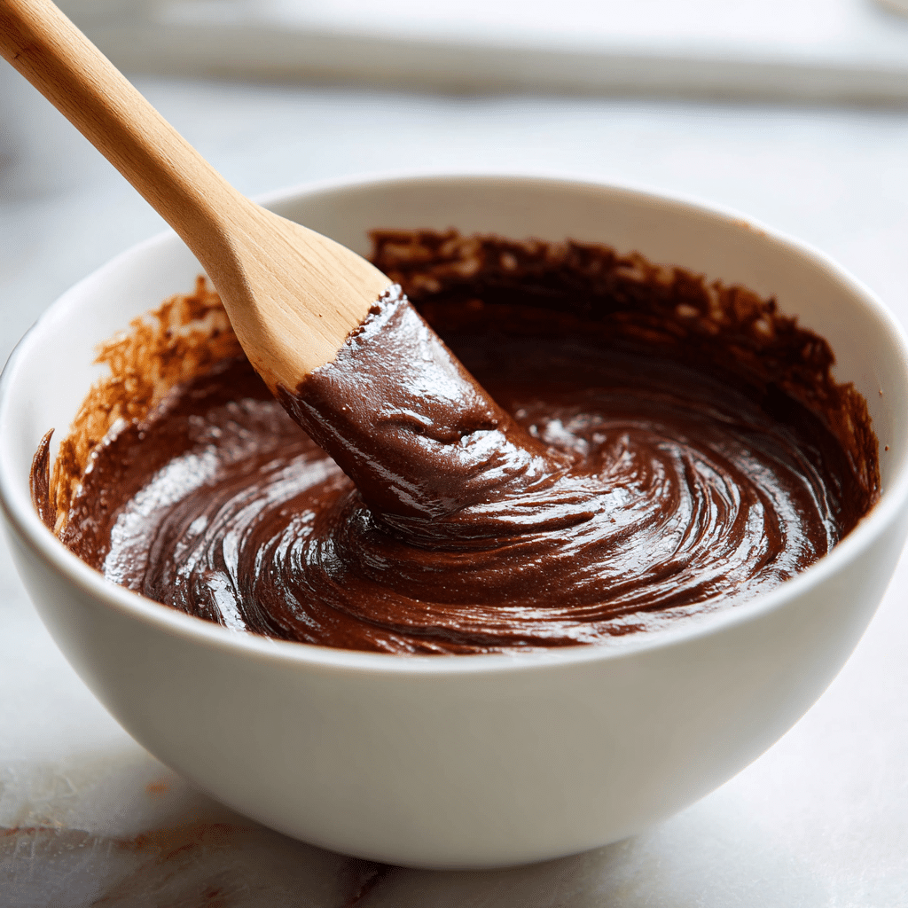 Mixing glossy dairy free gluten free chocolate cake batter