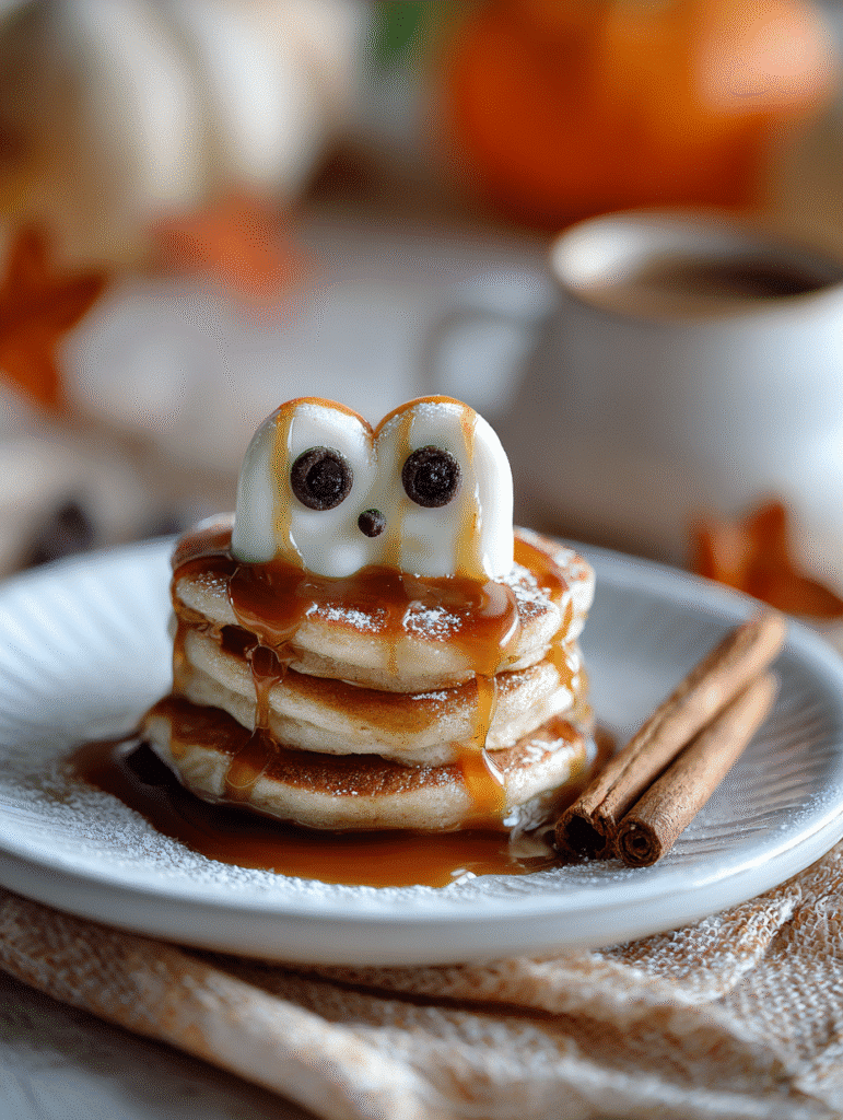 Stacked pumpkin pancake ghosts with syrup and chocolate eyes