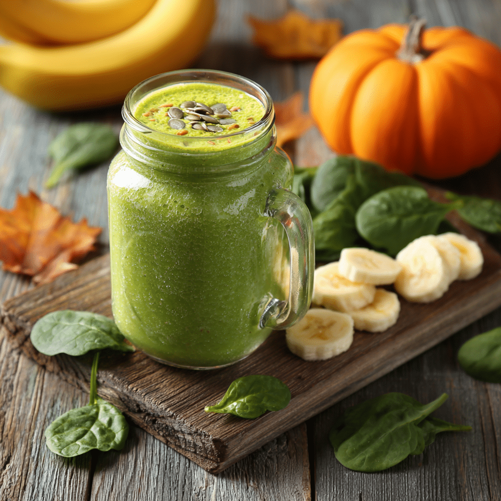 Witch’s Brew Green Smoothie in a clear jar with fall-themed ingredients