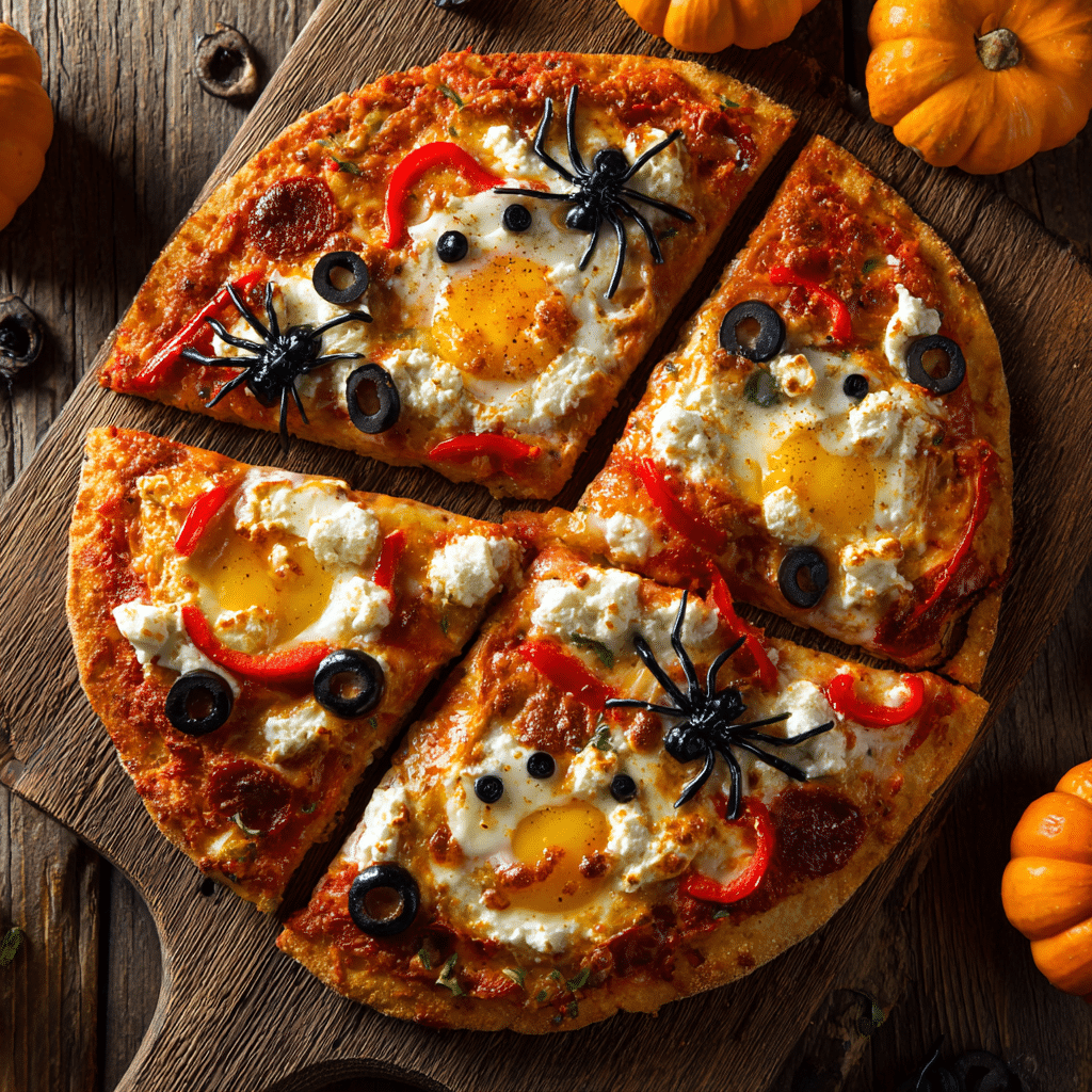 Close-up of Halloween Breakfast Pizza with festive toppings