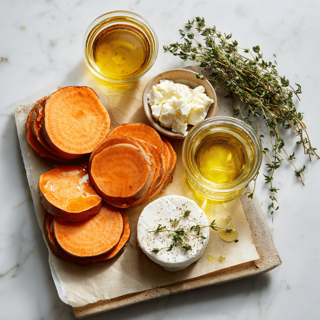 Ingredients for Sweet Potato Rounds with Goat Cheese and Honey