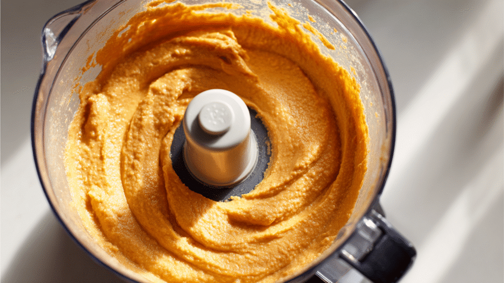 Blending pumpkin hummus in a food processor