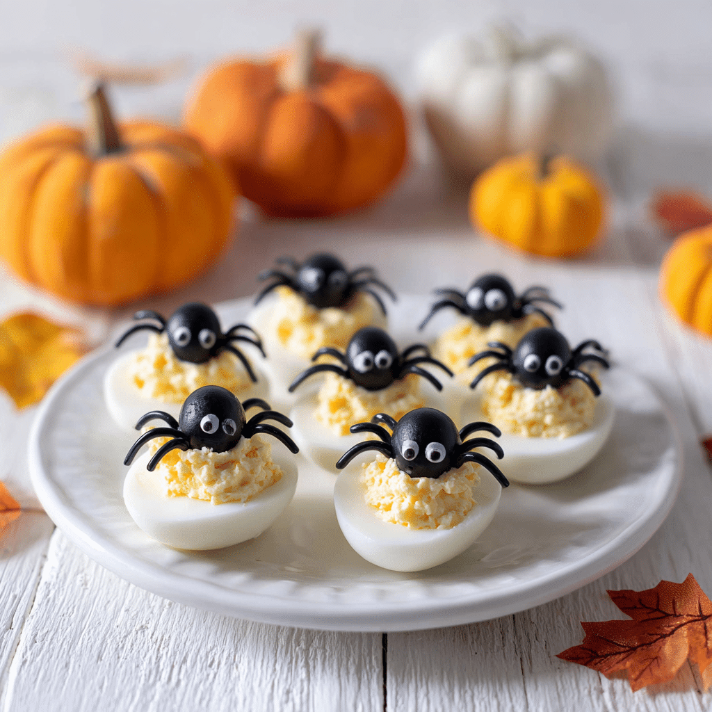 Spooky deviled egg spiders served on white tray