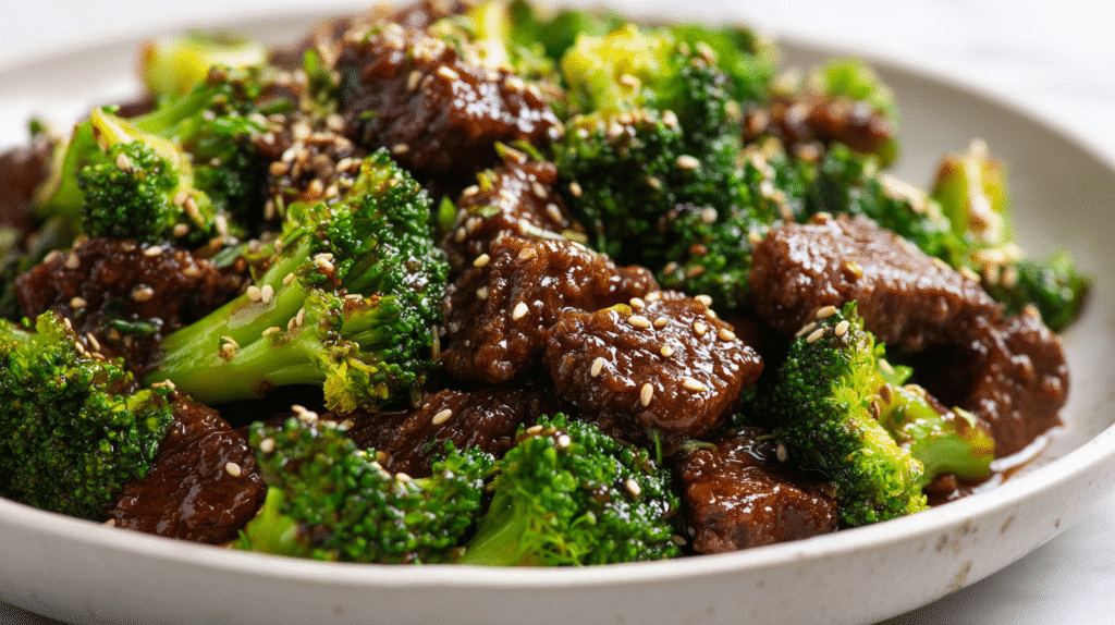 Spicy Sesame Beef & Broccoli (Gluten-Free Soy Sauce) close-up plate