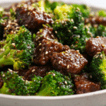 Spicy Sesame Beef & Broccoli (Gluten-Free Soy Sauce) close-up plate