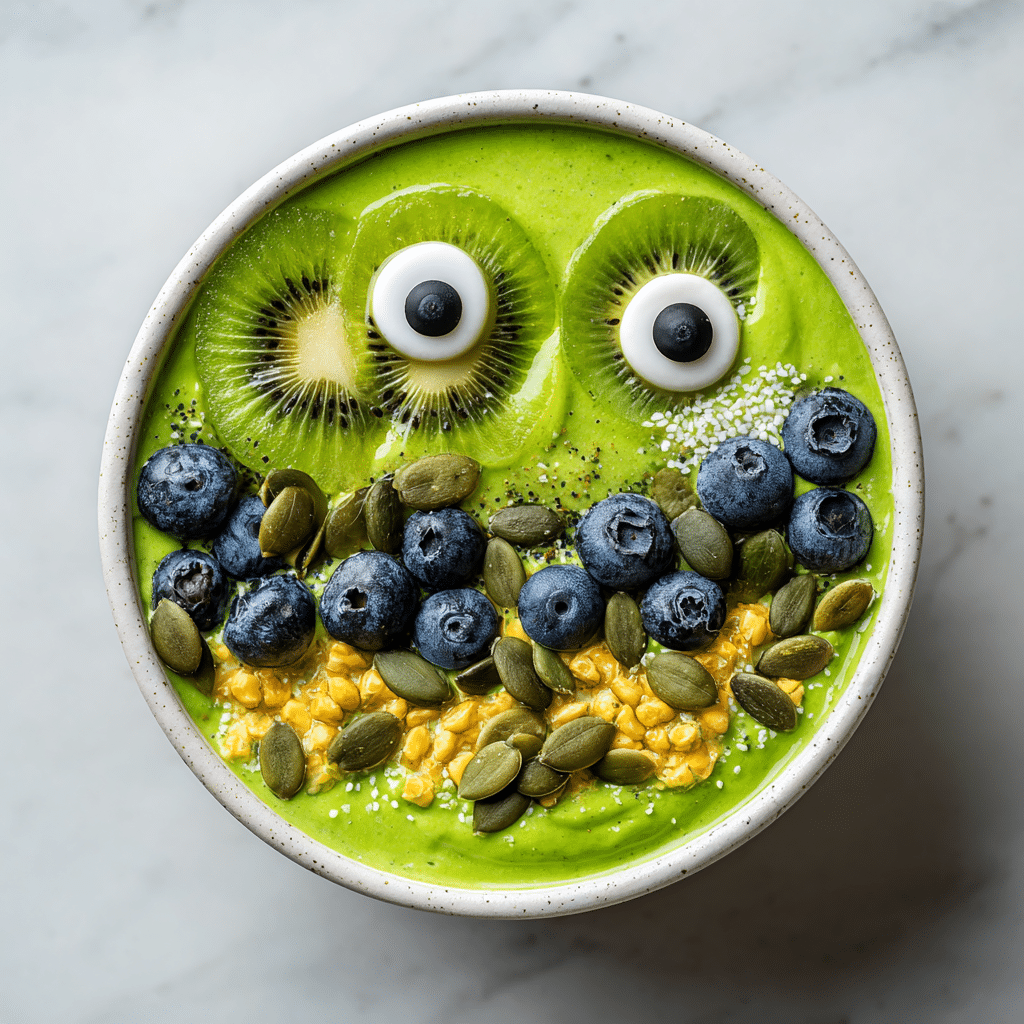Monster Smoothie Bowl with kiwi monster toppings