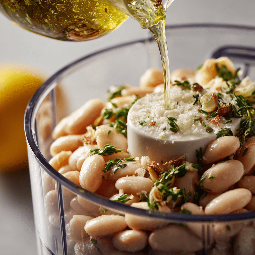 Roasted garlic and beans in processor with lemon and herbs