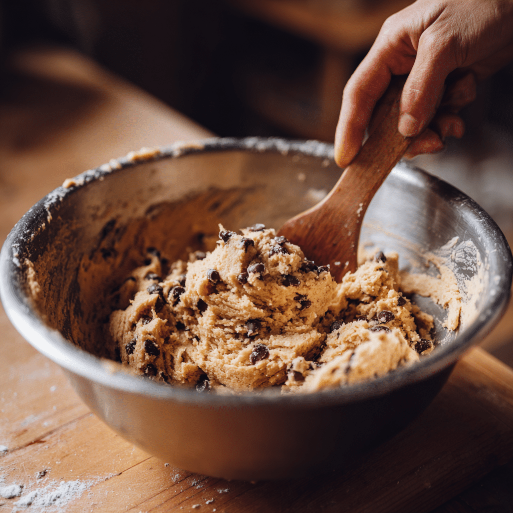 Stirring vegan gluten free cookie dough in a mixing bowl
