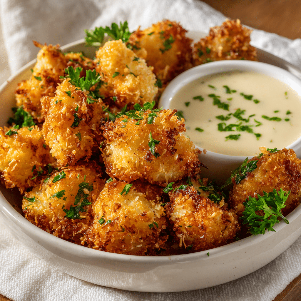 Parmesan Garlic Cauliflower Bites with dipping sauce