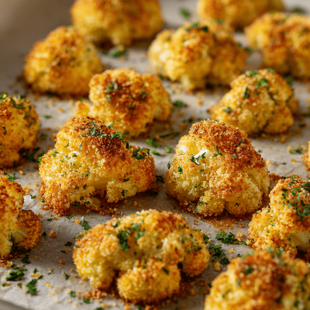Breaded cauliflower on baking tray before roasting