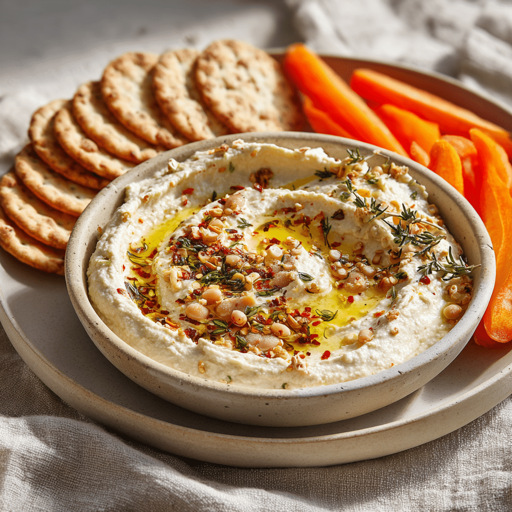 Roasted garlic white bean dip served with gluten-free dippers