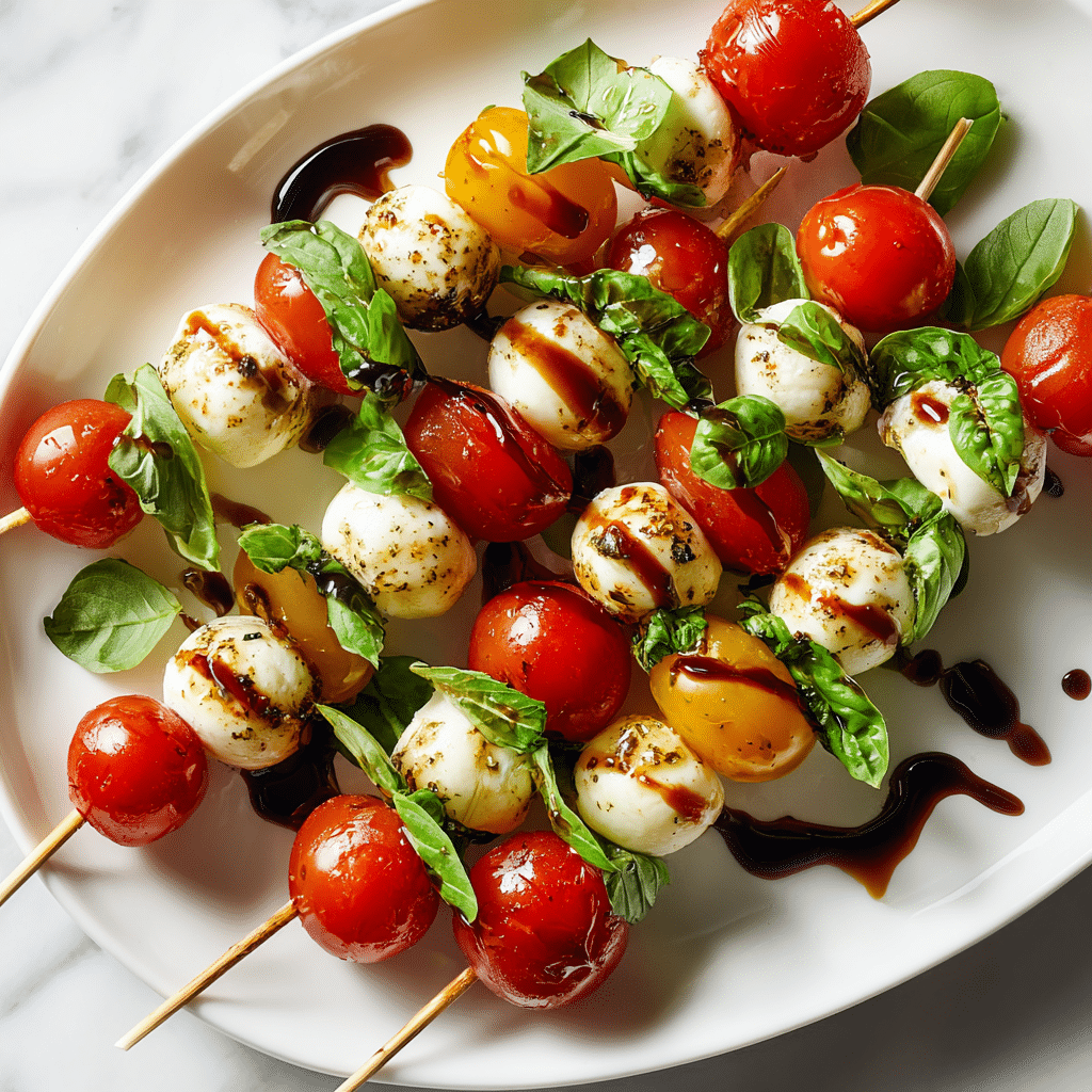 Caprese Skewers with Balsamic Reduction on white plate