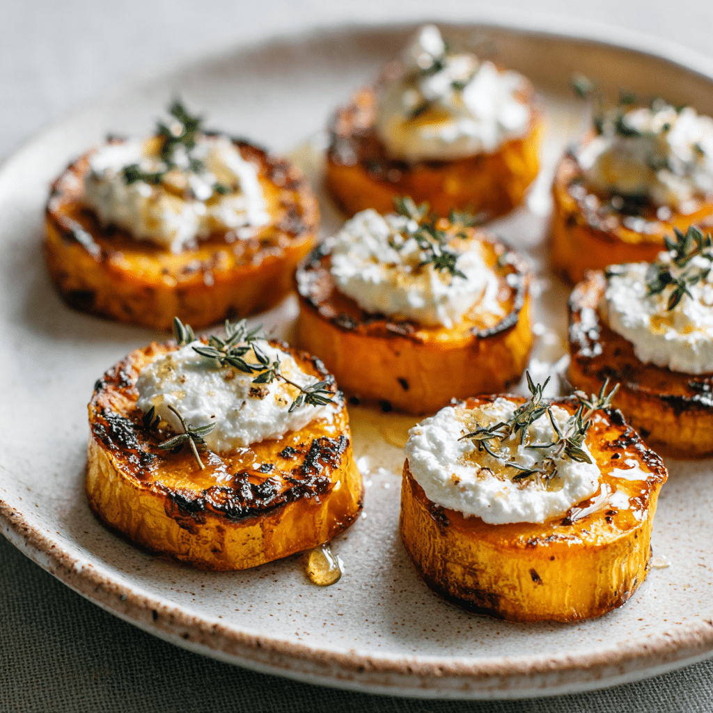 Sweet Potato Rounds with Goat Cheese and Honey served on a white plate