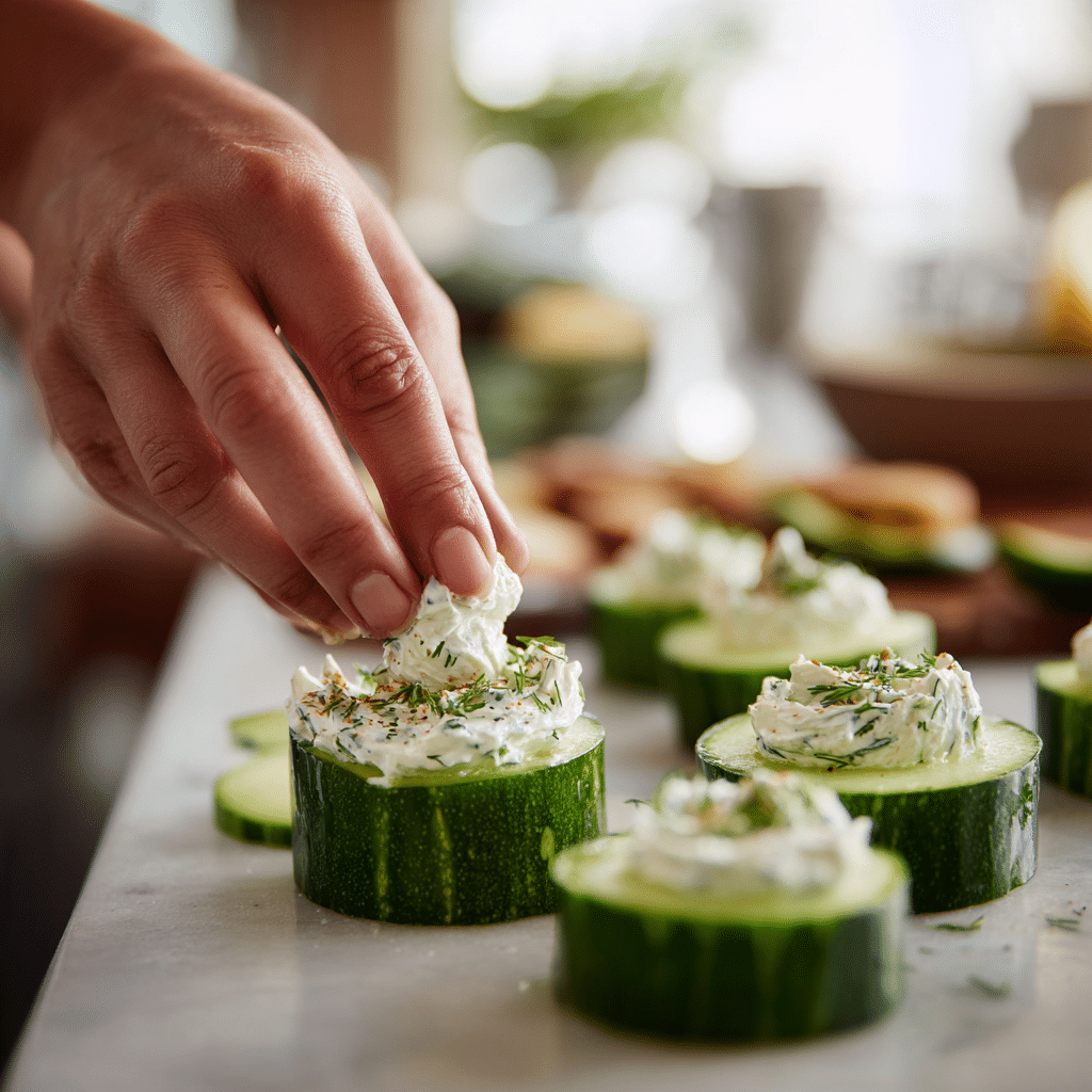 Piping herbed cream cheese into cucumber cups