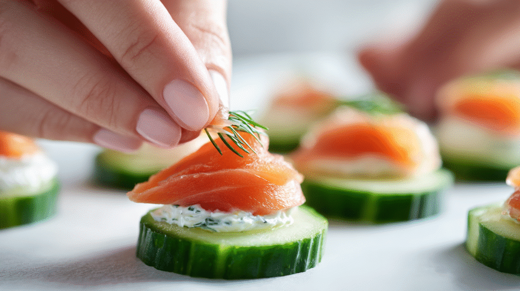 Assembling smoked salmon cucumber canapés step-by-step