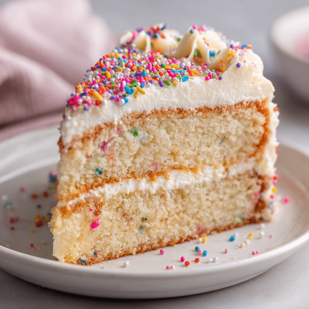 Slice of Gluten Free Birthday Cake with Vanilla Frosting