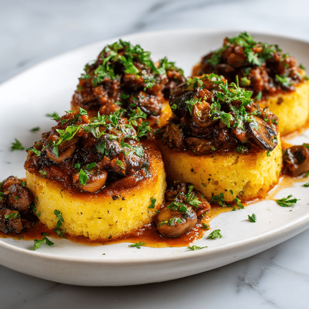 Mini Polenta Cakes with Mushroom Ragù plated and garnished