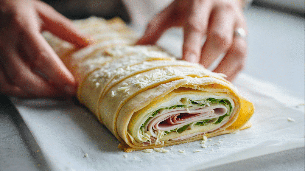 Rolling the dough for Mini Turkey and Cheese Pinwheels