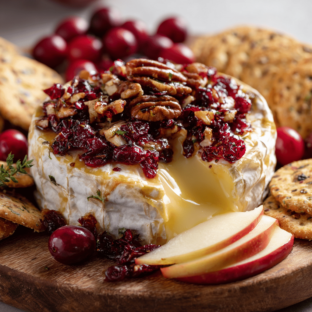 Warm Baked Brie with Cranberry Pecan Topping just out of oven