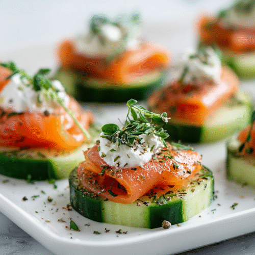 Smoked Salmon Cucumber Canapés served on a bright white platter