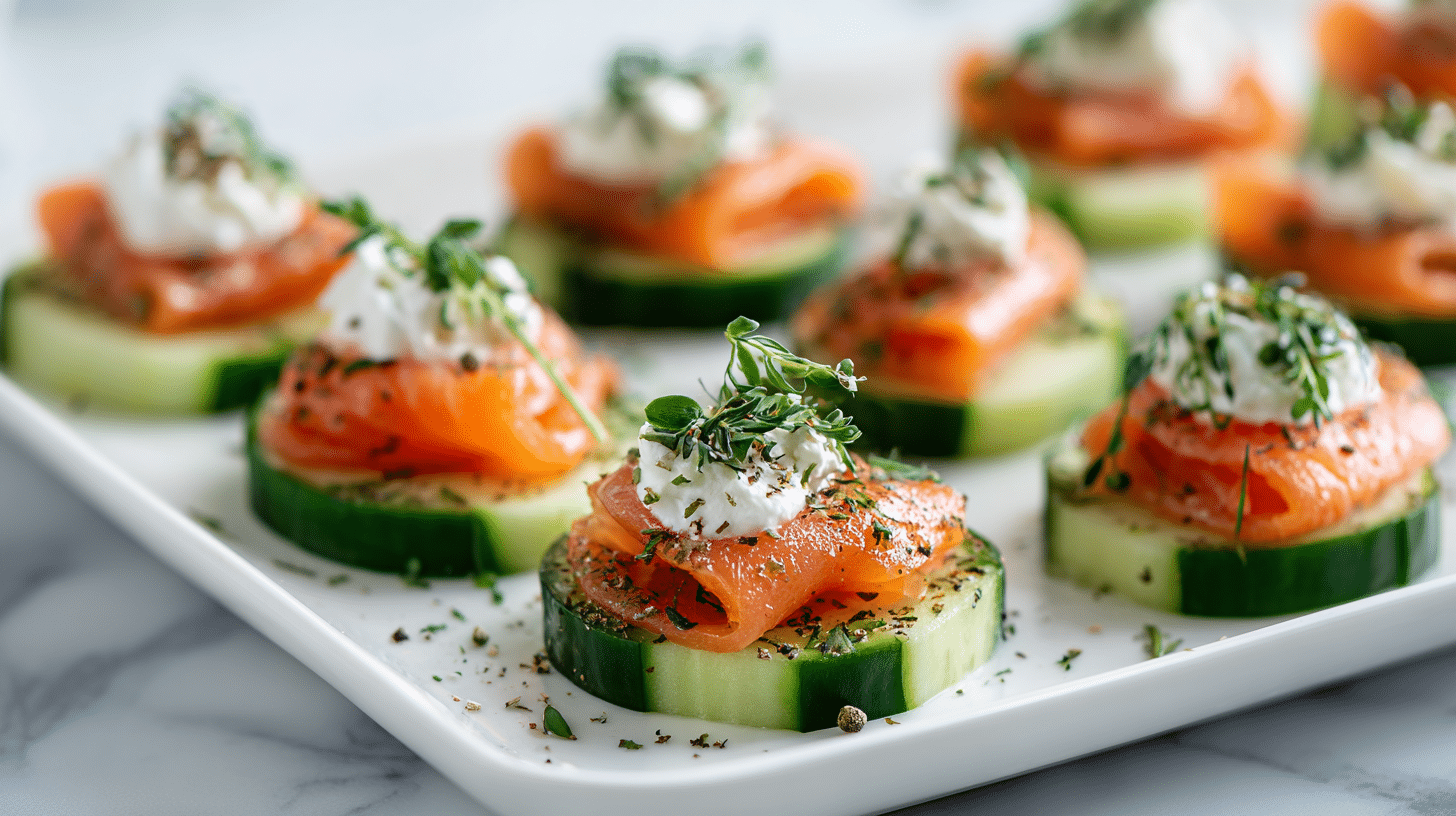 Smoked Salmon Cucumber Canapés served on a bright white platter
