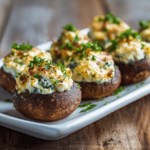 Stuffed mushrooms with cream cheese and herbs on white plate