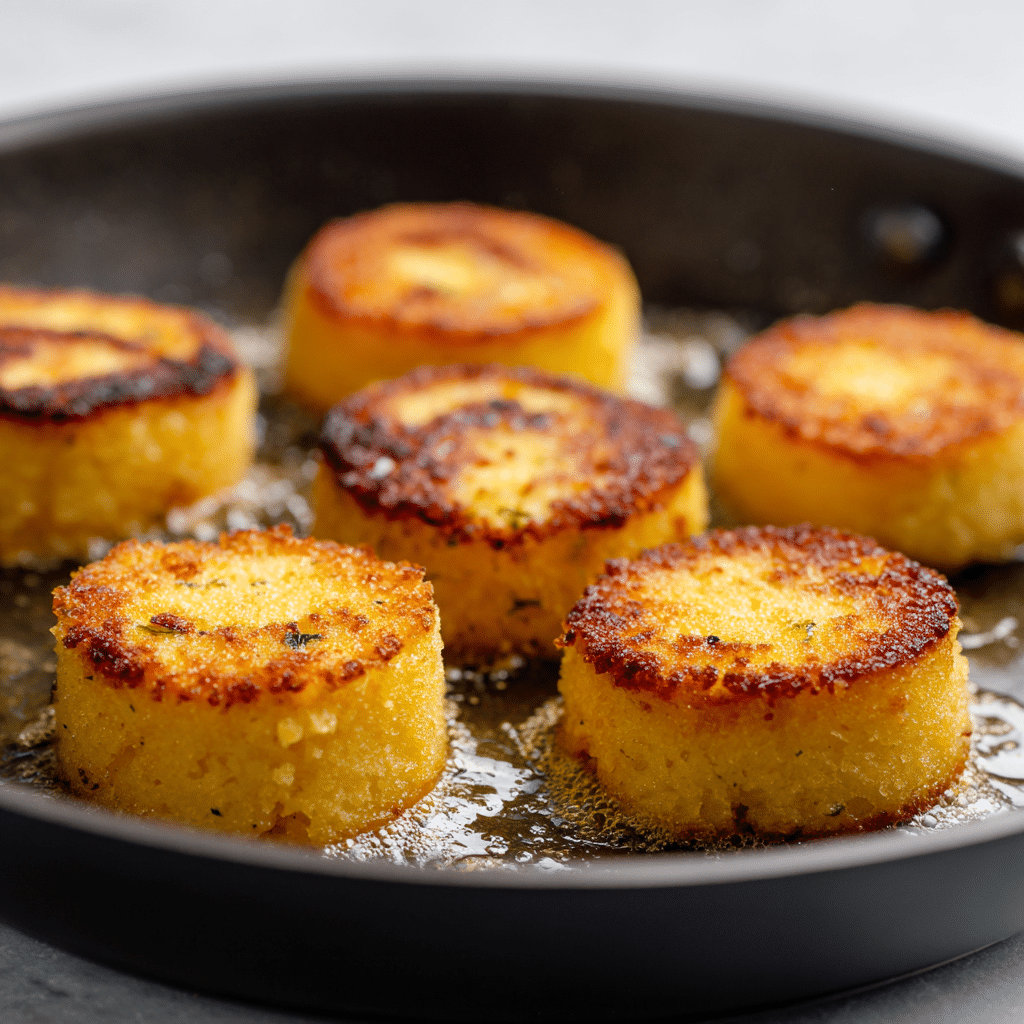 Crispy Mini Polenta Cakes in skillet