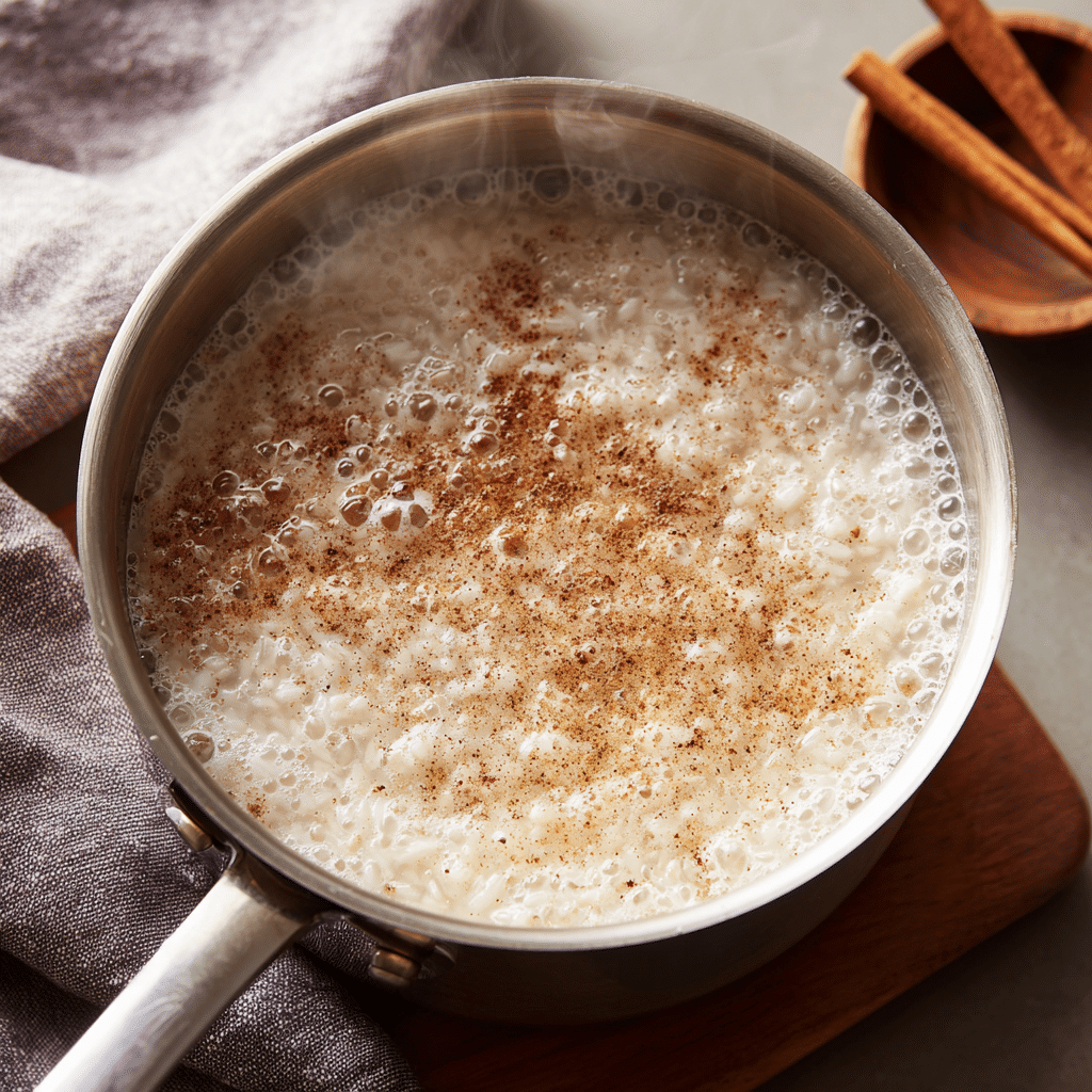 Coconut milk and rice simmering in a pot with cinnamon for gluten-free pudding