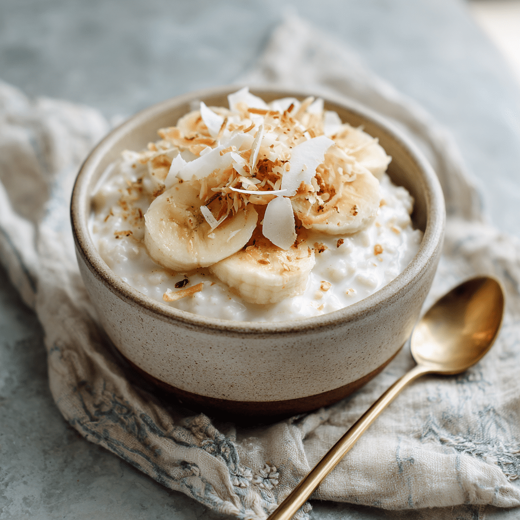 Coconut milk rice pudding gluten free served with banana and toasted coconut