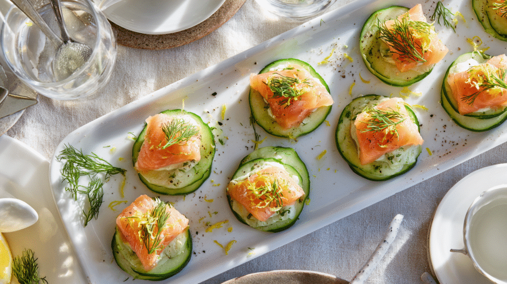Smoked salmon cucumber canapés served at a gluten-free brunch