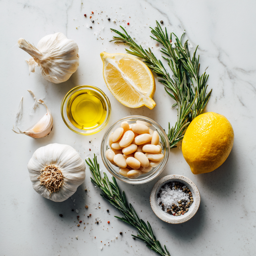 Ingredients for roasted garlic and white bean dip laid out