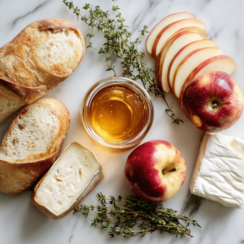 Ingredients for Apple and Brie Crostini on Gluten Free Baguette