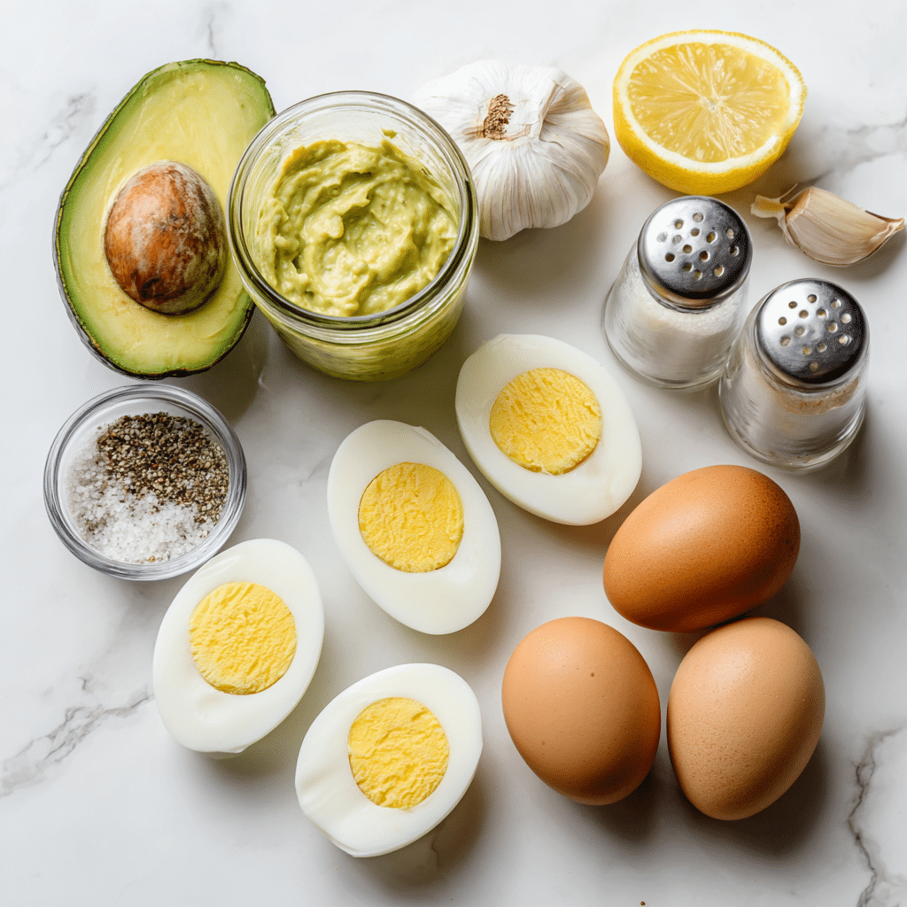 Ingredients for Avocado Deviled Eggs on White Surface