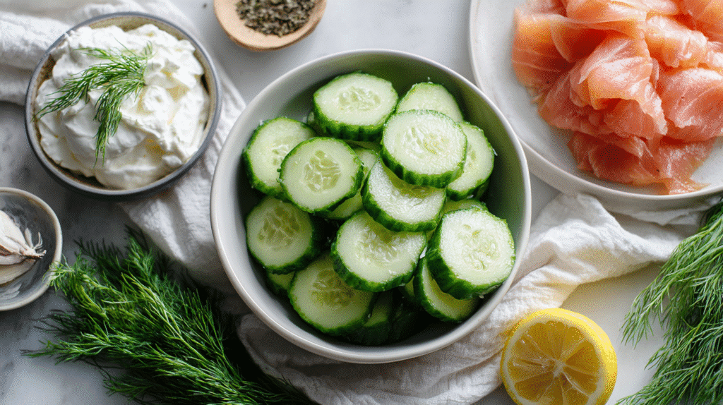 Ingredients for smoked salmon cucumber canapés on a white surface