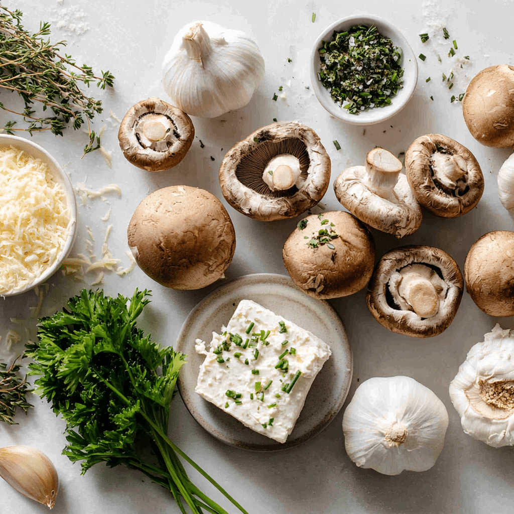 Ingredients for stuffed mushrooms with cream cheese and herbs