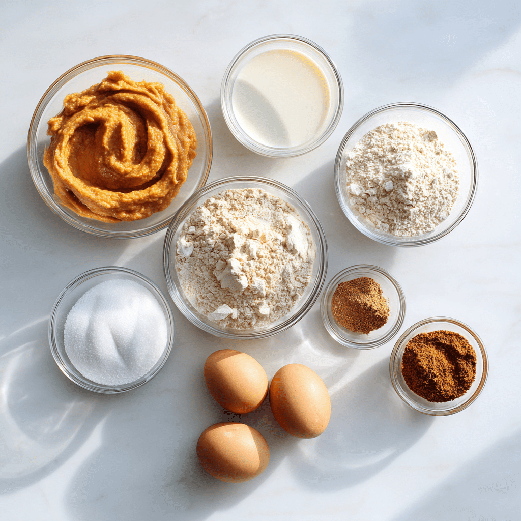 Gluten-free pumpkin waffle ingredients laid out on a marble surface