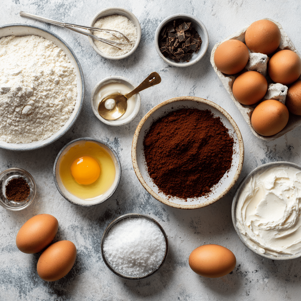 Ingredients for gluten free marble bundt cake laid out on a marble counter