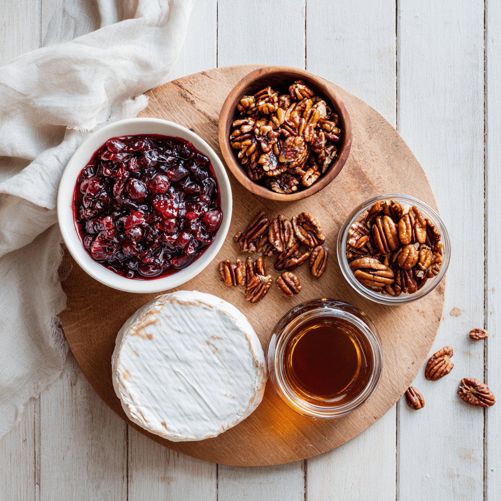 Ingredients for Baked Brie with Cranberry Pecan Topping