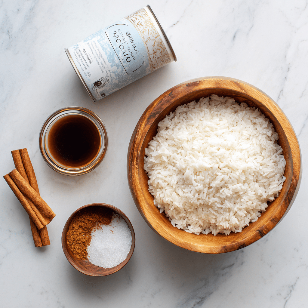 Ingredients for coconut milk rice pudding gluten free on marble background