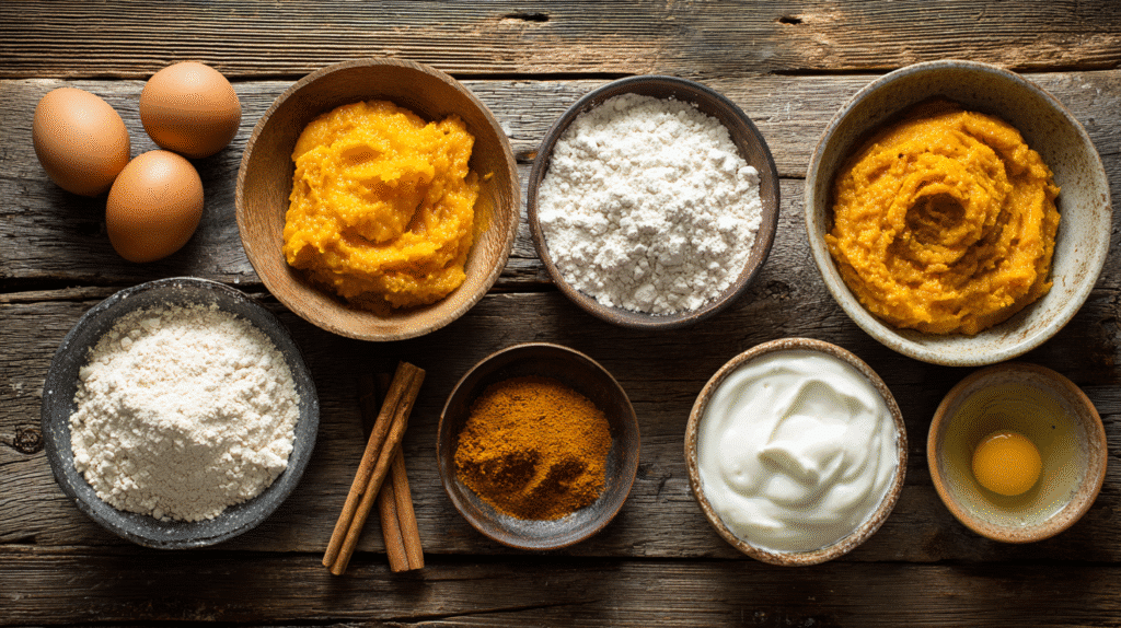 Ingredients for Mini Pumpkin Fritters with Cinnamon Yogurt Dip gluten free