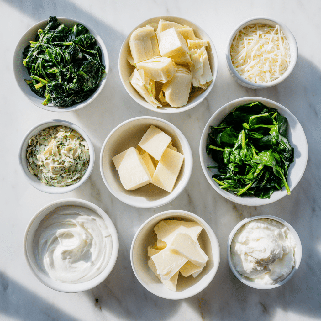 Ingredients for Spinach and Artichoke Dip Cups laid out on marble