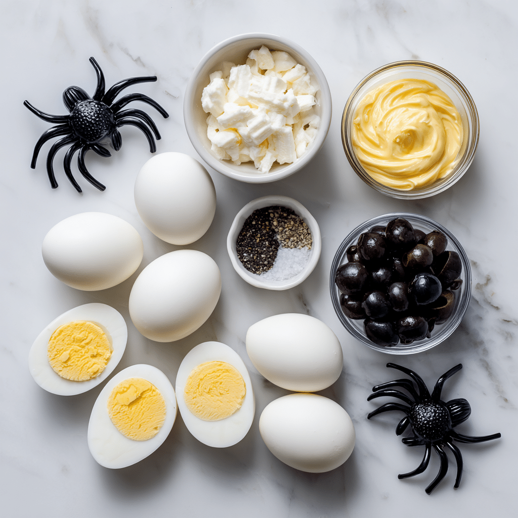 Ingredients for spooky deviled egg spiders laid out