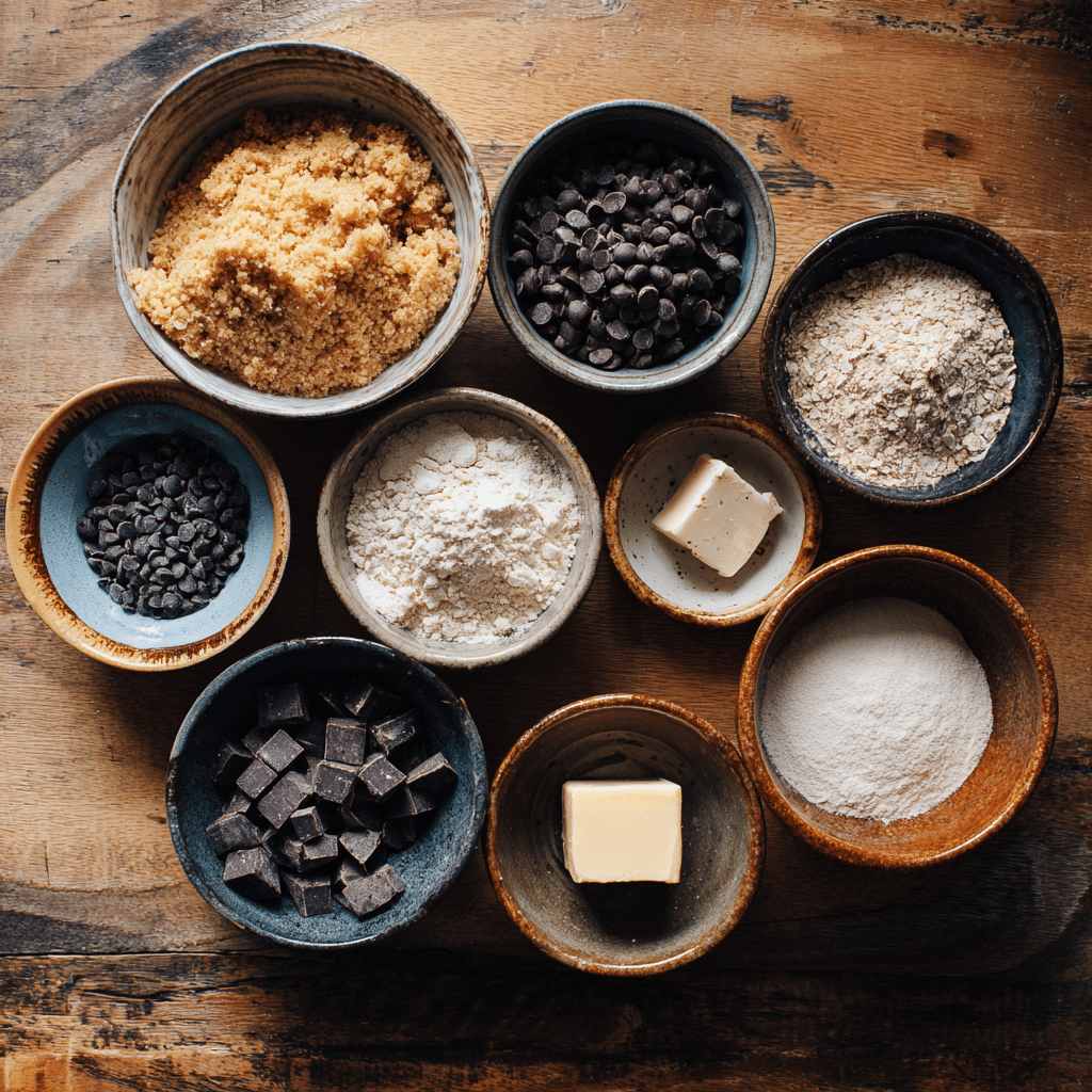 Ingredients for vegan gluten free chocolate chip cookies laid out in bowls