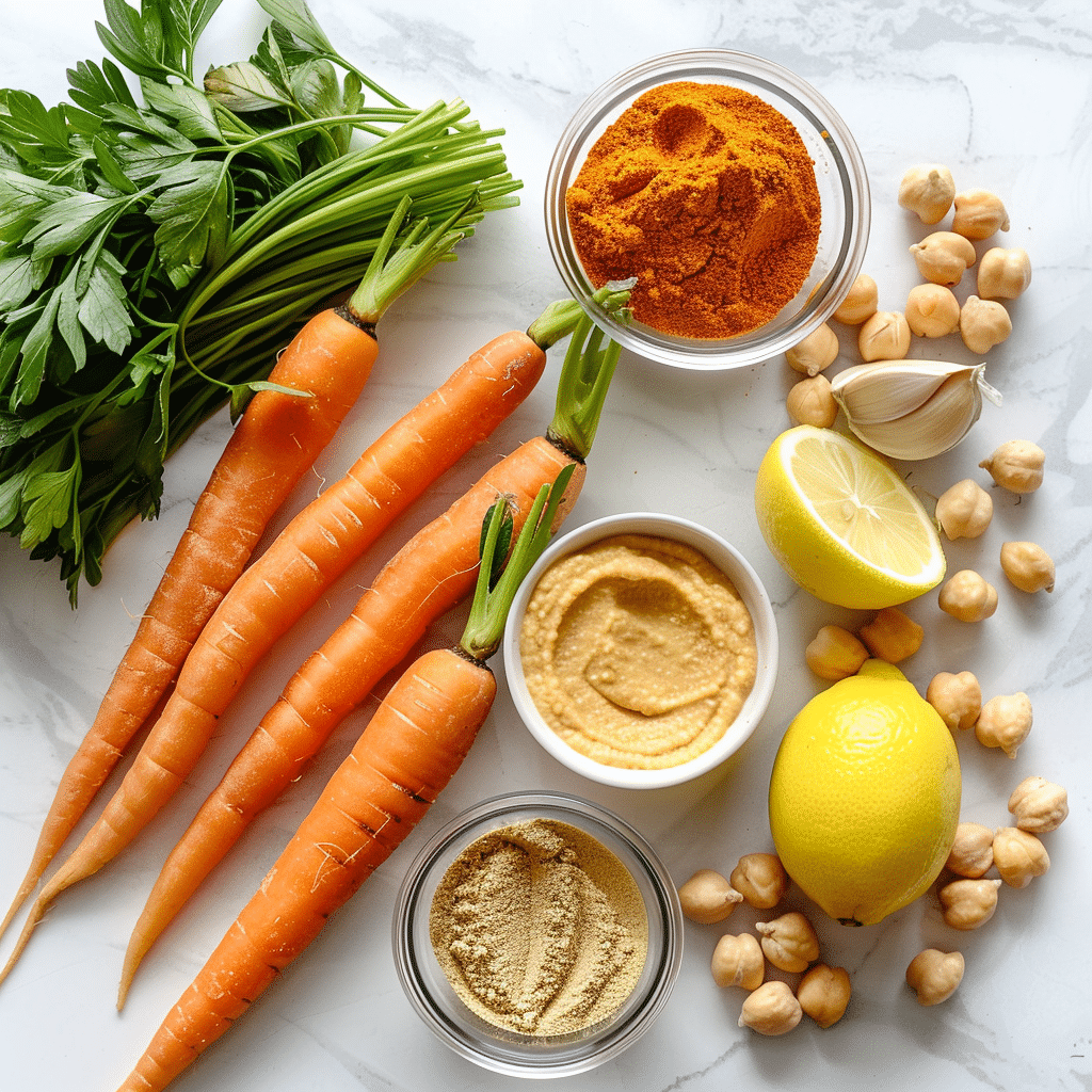 Ingredients for roasted carrot hummus laid out on a marble surface