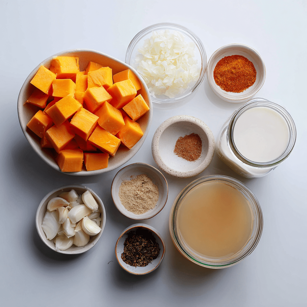 Ingredients for Butternut Squash Soup Shooters laid out on white